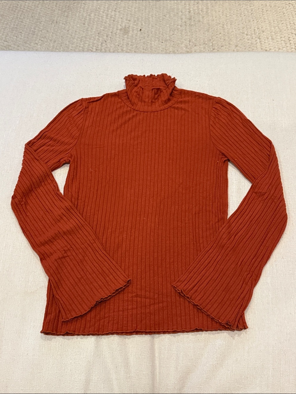 Madewell Rust Ruffled Mock-Neck Ribbed Long-Sleeve Top